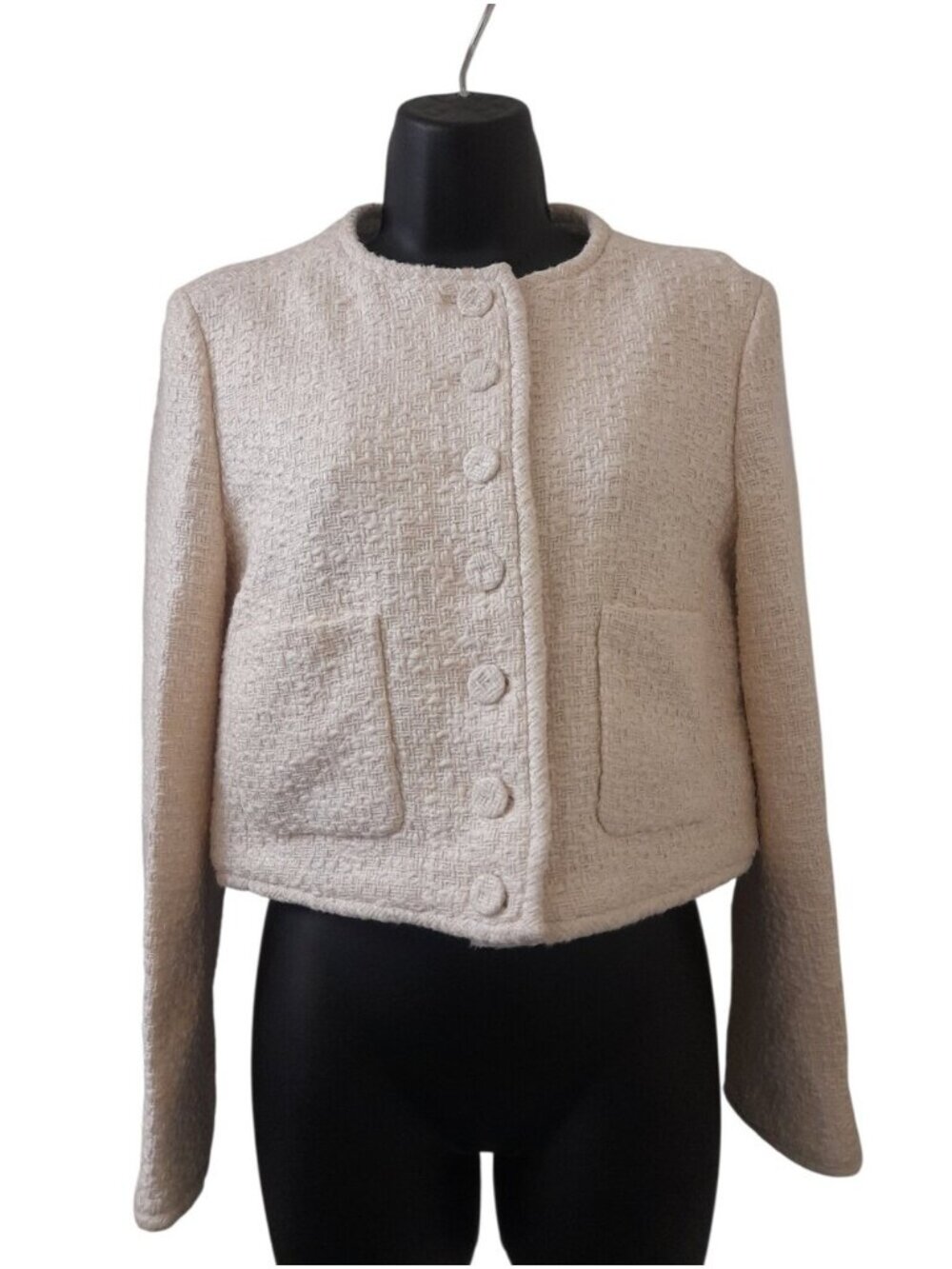 Another Tomorrow Cropped Textured Tweed Jacket